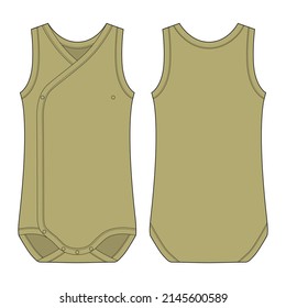 Onesie with a crossover neckline. Khaki green color. Baby sleeveless body wear mockup. Infant tank top technical sketch. Children bodysuite. Front and back view. CAD fashion design illustration