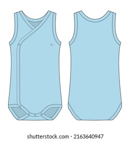 Onesie with a crossover neckline. Light blue color. Baby sleeveless body wear mockup. Infant tank top technical sketch. Children bodysuite. Outline underwear. Front and back view. CAD illustration