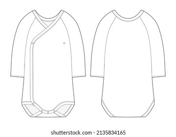 Onesie with a crossover neckline and long sleeves. Baby body wear mock up. Infant romper technical sketch. Children bodysuit. Underwear outline CAD design. Front and back. Vector illustration