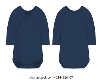 Onesie with a crossover neckline and long sleeves. Baby body wear mock up. Blue colors. Infant romper technical sketch. Children bodysuit. Underwear outline CAD design. Front and back.