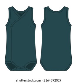 Onesie with a crossover neckline. malachite color. Baby sleeveless body wear mockup. Infant tank top technical sketch. Children bodysuite. Outline underwear. Front and back view. CAD illustration