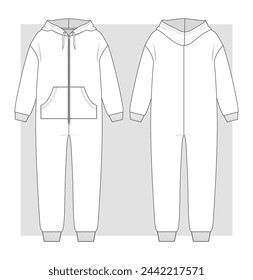 Onesie with hoodie, zipper and long trousers and sleeve technical sketch. Vector illustration.