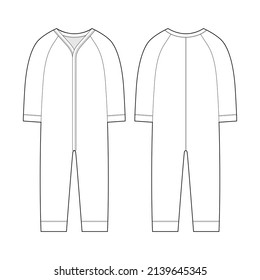 Onesie with a long sleeves. Infant romper. Baby body wear mock up. Children bodysuit. Technical sketch. Underwear outline CAD design. Front and back. Vector illustration