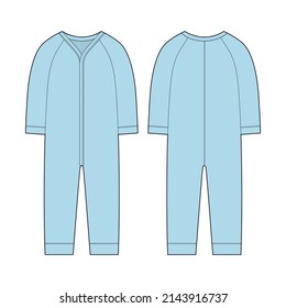 Onesie with a long sleeves. Infant romper. Baby body wear mock up. Blue color. Children bodysuit. Technical sketch. Underwear outline CAD design. Front and back. Vector illustration