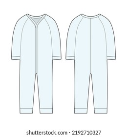 Onesie with a long sleeves. Infant romper. Light blue color. Baby body wear mock up. Children bodysuit. Technical sketch. Underwear outline CAD design. Front and back. Vector illustration