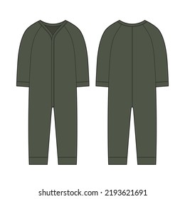 Onesie with a long sleeves. Infant romper. Olive color. Baby body wear mock up. Children bodysuit. Technical sketch. Underwear outline CAD design. Front and back. Vector illustration