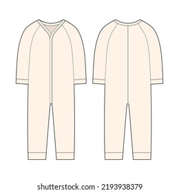 Onesie with a long sleeves. Infant romper. Milk color. Baby body wear mock up. Children bodysuit. Technical sketch. Underwear outline CAD design. Front and back. Vector illustration