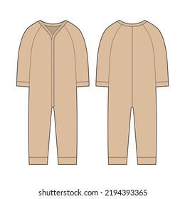 Onesie with a long sleeves. Infant romper. Sand color. Baby body wear mock up. Children bodysuit. Technical sketch. Underwear outline CAD design. Front and back. Vector illustration