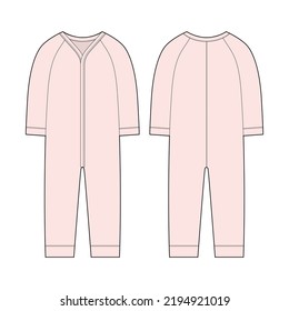 Onesie with a long sleeves. Infant romper. Light pink color. Baby body wear mock up. Children bodysuit. Technical sketch. Underwear outline CAD design. Front and back. Vector illustration