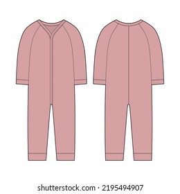 Onesie with a long sleeves. Infant romper. Pudra color. Baby body wear mock up. Children bodysuit. Technical sketch. Underwear outline CAD design. Front and back. Vector illustration