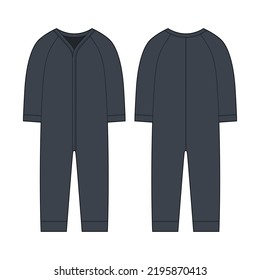 Onesie with a long sleeves. Infant romper. Dark grey color. Baby body wear mock up. Children bodysuit. Technical sketch. Underwear outline CAD design. Front and back. Vector illustration