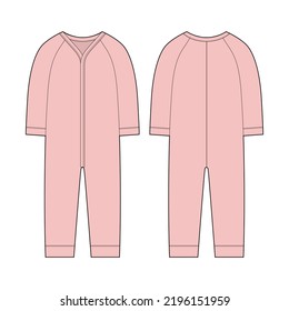 Onesie with a long sleeves. Infant romper. Pink color. Baby body wear mock up. Children bodysuit. Technical sketch. Underwear outline CAD design. Front and back. Vector illustration