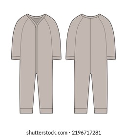 Onesie with a long sleeves. Infant romper. Light grey color. Baby body wear mock up. Children bodysuit. Technical sketch. Underwear outline CAD design. Front and back. Vector illustration