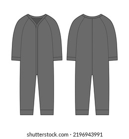 Onesie with a long sleeves. Infant romper. Gray color. Baby body wear mock up. Children bodysuit. Technical sketch. Underwear outline CAD design. Front and back. Vector illustration