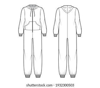 Onesie overall jumpsuit sleepwear technical fashion illustration with full length, oversized, hood, zipper closure, kangaroo pouch. Flat Dungaree front back, white color. Women, men unisex CAD mockup