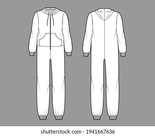 Onesie overall jumpsuit sleepwear technical fashion illustration with full length, oversized, hood, zipper closure, kangaroo pouch. Flat Dungaree front back, white color. Women, men unisex CAD mockup