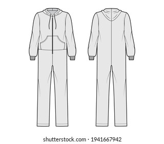 Onesie overall jumpsuit sleepwear technical fashion illustration with full length, oversized, hood, zip closure, kangaroo pouch. Flat Dungaree front back, grey color style. Women men unisex CAD mockup