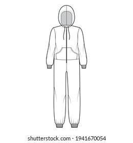 Onesie overall jumpsuit sleepwear technical fashion illustration with full length, oversized, hood, zipper closure, kangaroo pouch. Flat Dungaree front, white color style. Women, men unisex CAD mockup