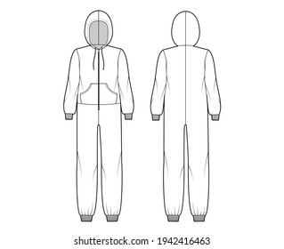 Onesie overall jumpsuit sleepwear technical fashion illustration with full length, oversized, hood, zipper closure, kangaroo pouch. Flat Dungaree front back, white color. Women, men unisex CAD mockup