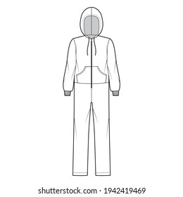 Onesie overall jumpsuit sleepwear technical fashion illustration with full length, oversized, hood, zipper closure, kangaroo pouch. Flat Dungaree front, white color style. Women, men unisex CAD mockup