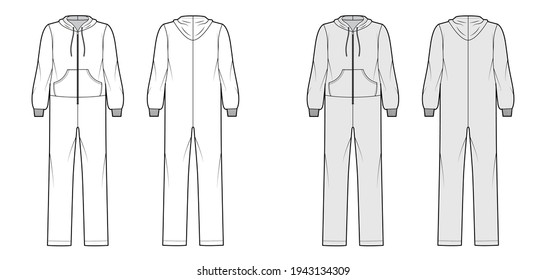 Onesie overall jumpsuit sleepwear technical fashion illustration with full length, hood, zipper closure, kangaroo pouch. Flat Dungaree front back, white, grey color style. Women, men unisex CAD mockup