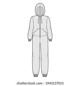 Onesie overall jumpsuit sleepwear technical fashion illustration with full length, oversized, hood, zipper closure, kangaroo pouch. Flat Dungaree front, grey color style. Women, men unisex CAD mockup