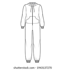 Onesie overall jumpsuit sleepwear technical fashion illustration with full length, oversized, hood, zipper closure, kangaroo pouch. Flat Dungaree front, white color style. Women, men unisex CAD mockup