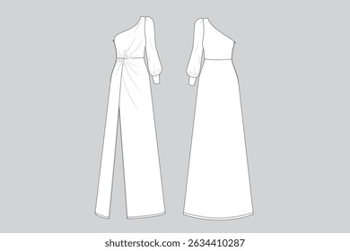 One-Sleeve Evening Gown with Slit Skirt Fashion Illustration