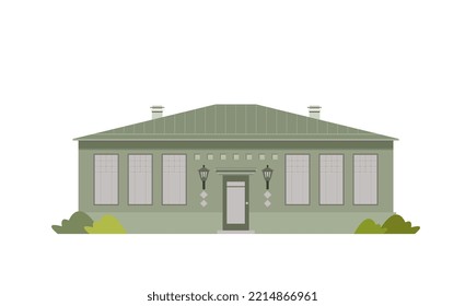 One-storey green house with lights isolated. Manson icon. Vector illustration. Real estate concept. Flat vector illustration.