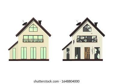 One-storey house before and after repair. Cartoon style. Vector illustration