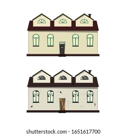 One-storey house before and after repair. Cartoon style. Vector illustration