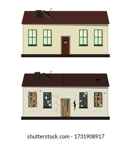 One-storey House Before And After Repair. Cartoon Style. Vector Illustration