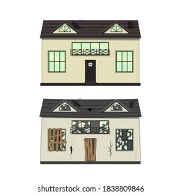 One-storey house before and after repair. Cartoon style. Vector illustration