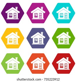 One-storey house with a chimney icon set many color hexahedron isolated on white vector illustration