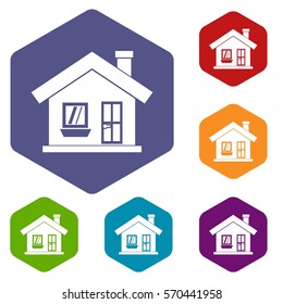 One-storey house with a chimney icons set rhombus in different colors isolated on white background
