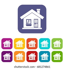 One-storey house with a chimney icons set vector illustration in flat style in colors red, blue, green, and other