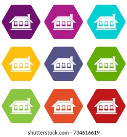 One-storey house with three windows icon set many color hexahedron isolated on white vector illustration