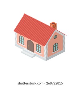 One-storey House with a Tiled Roof. Detailed Dimetric Illustration with Shadows Isolated on White Background