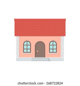 One-storey House with a Tiled Roof, Front View. Detailed Illustration with Shadows Isolated on White Background