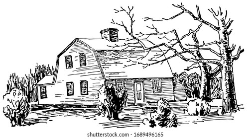 One-storied gambrel roof is a one-storied house with gambrel roof, extending much further, plans range from an attractive, vintage line drawing or engraving illustration.