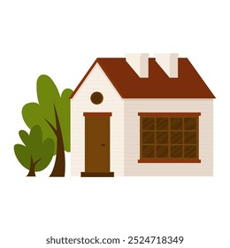 One-story country house with trees. Peaceful village life in your own home. Element for urban and rural landscape. Sale and rent of real estate. Vector illustration in cartoon style.