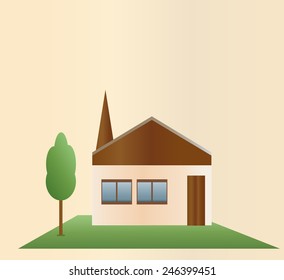 One-story house and a green tree on a light background. Vector illustration