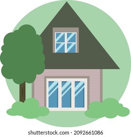 a one-story house made of simple figures on a green circle background, next to a tree and bushes