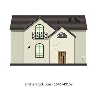 One-story old dilapidated house before renovation. Cartoon style. Vector illustration