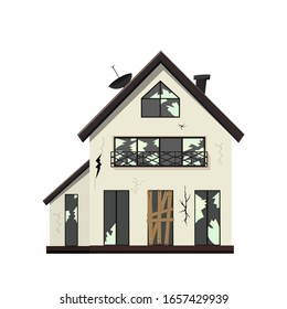 One-story old dilapidated house before renovation. Cartoon style. Vector illustration