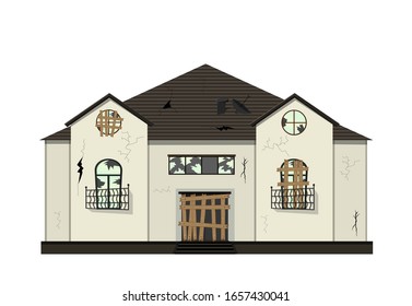 One-story old dilapidated house before renovation. Cartoon style. Vector illustration