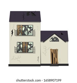 One-story old dilapidated house before renovation. Cartoon style. Vector illustration