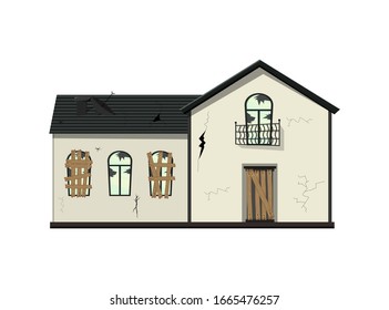One-story old dilapidated house before renovation. Cartoon style. Vector illustration