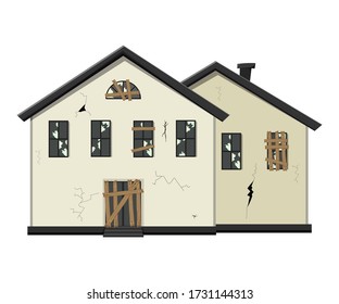 One-story old dilapidated house before renovation. Cartoon style. Vector illustration