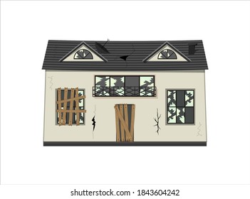 One-story old dilapidated house before renovation. Cartoon style. Vector illustration